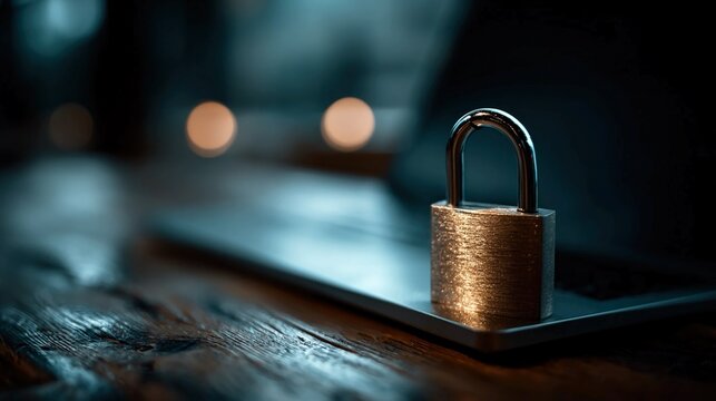 Cybersecurity and data privacy concept with digital lock, user ID verification, and secure interface on laptop, ensuring GDPR compliance, personal data safety, and online protection