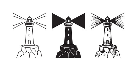 Fototapeta premium Lighthouse on Rocky Outcrop with Light Beams Icon Set: Outline, Solid, and Hand-Drawn Styles