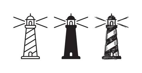 Three lighthouse icons in outline, solid, and hand-drawn sketch styles, with light beams for navigation and maritime themes © Ірина Гринюк