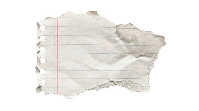 A torn piece of lined notebook paper with spiral binding holes isolated on transparent background