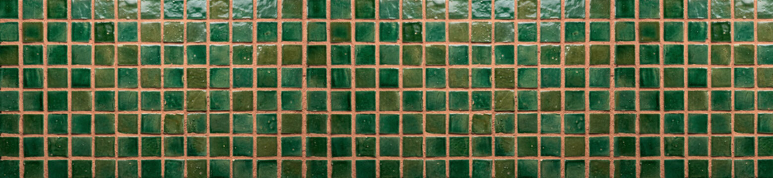 Emerald green glazed zellige mosaic tiles with terracotta grout lines in a seamless border pattern