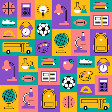 Geometric seamless pattern with school icons and symbols in grid. Education and study colorful background or wallpaper vector design.