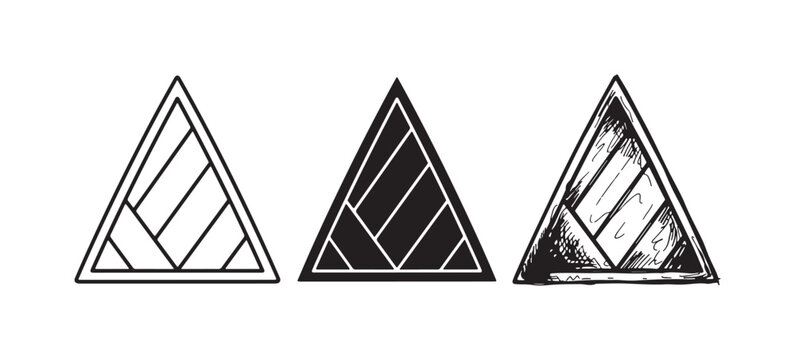 Triangle with diagonal stripes icons, featuring a geometric pattern in outline, solid, and hand-drawn sketch styles for abstract designs.
