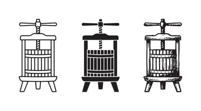 Three grape presses for winemaking, each featuring a vertical screw mechanism, presented in outline, solid, and sketch styles.