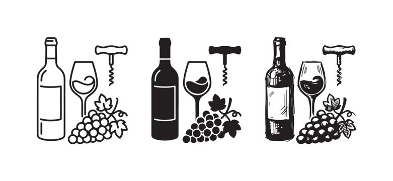 Wine serving icons with bottle, glass, grapes, and corkscrew, shown in line art, solid, and sketch styles.