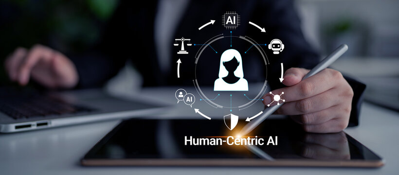 Human-Centric AI Concept with Digital Interface Interaction and Business Model on Tablet Screen in Modern Office Environment Haptic.