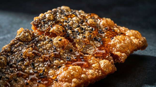 Crispy crackling with sweet honey glaze and black sesame seeds