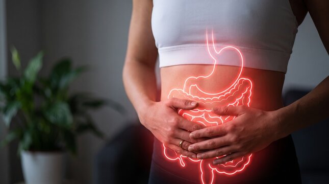 Glowing illustration of the human digestive system within a person's abdomen, highlighting the stomach and intestines in a vibrant red hue, symbolizing health and internal workings