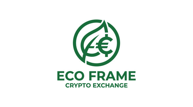 Eco frame crypto exchange logo with leaf and currency.