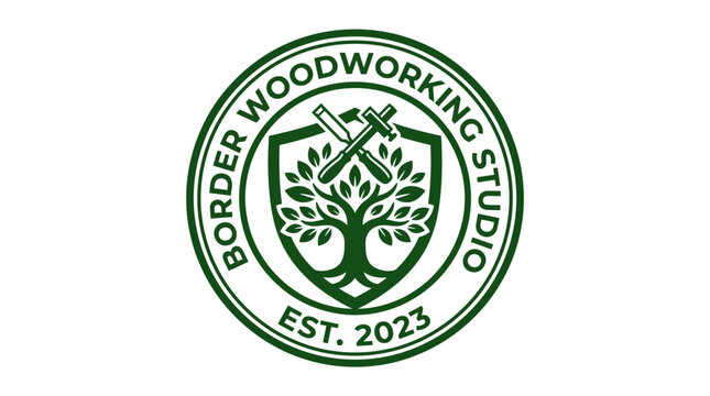 Circular woodworking studio logo with tree and axes.