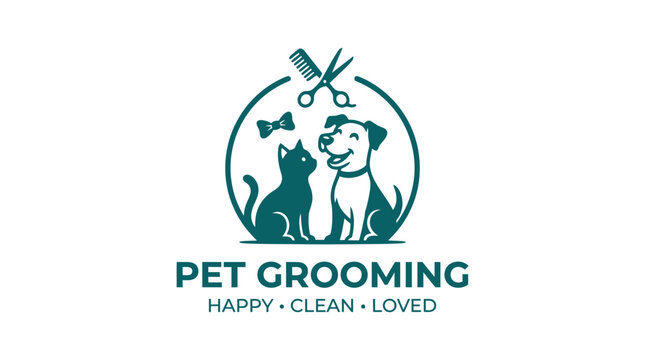 Pet grooming logo with cat, dog, scissors, and comb.