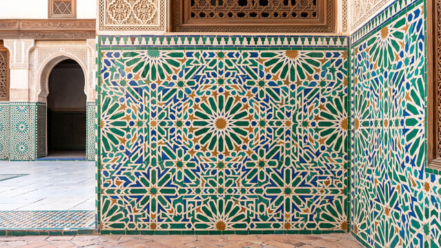 Traditional Moroccan zellige ceramic mosaic wall featuring colorful handcrafted geometric tilework and timeless Islamic decorative design.