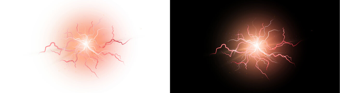 Radiant red lightning strike with glowing electrical plasma discharge sparks and intense energy beams captured in vibrant colors on transparent PNG&nbsp;background