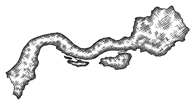 Geographic island map outline with hatched textures in vintage sketch style