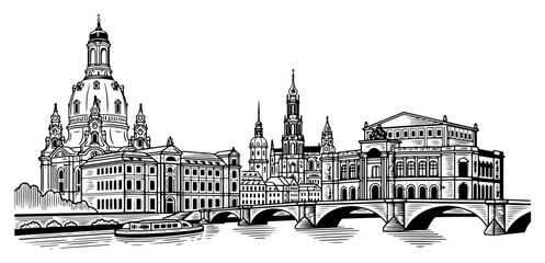 Fototapeta premium Dresden skyline panorama with Frauenkirche and historic bridge in detailed ink sketch style
