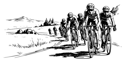 Obraz premium Cyclists racing on countryside road in vintage engraving style