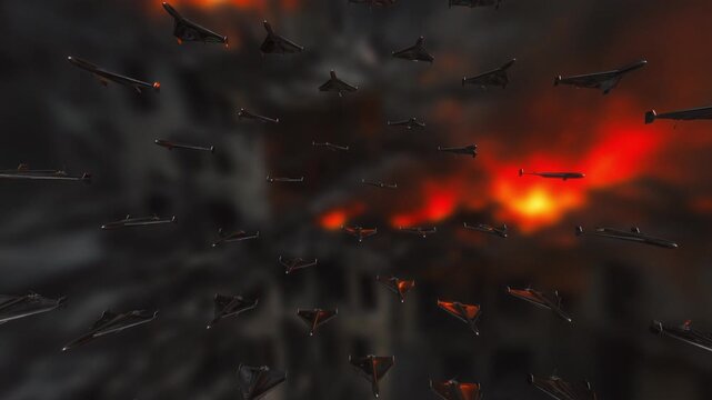 Swarm of autonomous military drones flying together over a burning ruined city skyline in an ominous 3D animation loop visualizing future warfare