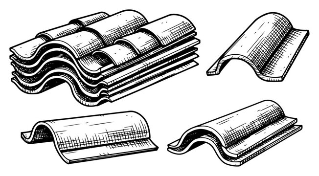 Ceramic roof tiles for building construction in vintage engraving style