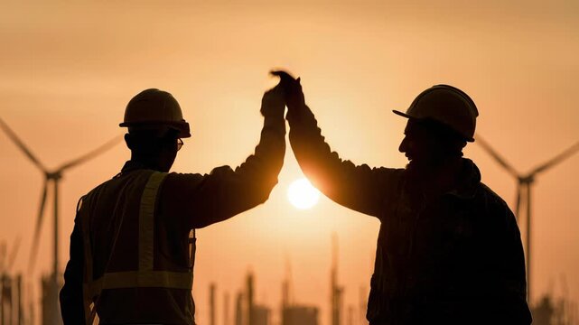 This powerful silhouette image depicts two construction workers, hands raised in a high five, celebrating success against a vibrant sunset sky. Ideal for themes of teamwork, achievement, and sustainab