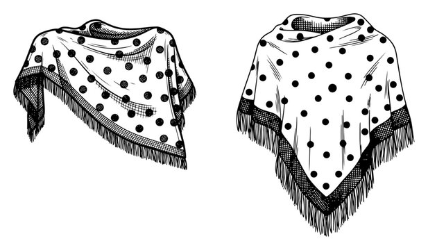 Traditional spanish shawls with polka dot pattern and fringe in vintage engraving style
