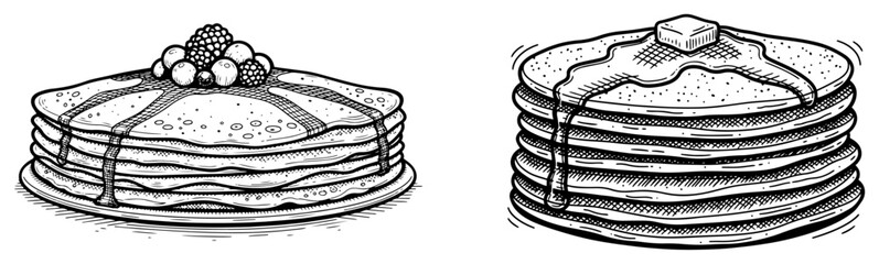 Stack of pancakes with syrup and crepes with berries in vintage engraving style © AnjaliDesai