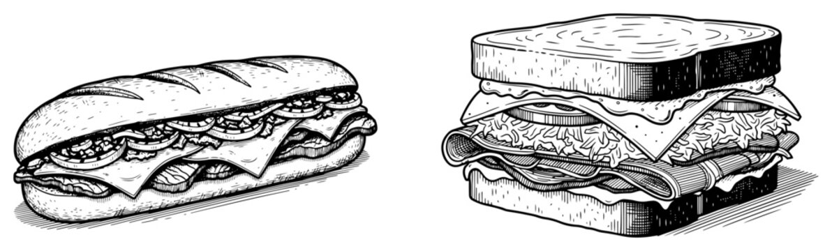 Submarine sandwich and classic club sandwich with layers in vintage engraving style