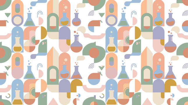 Abstract Science Pattern: Beakers, Flasks, Geometric Shapes, Pastel Colors