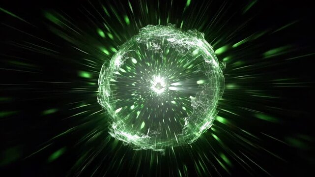 An intense green light sphere generates powerful rays, symbolizing energy, innovation, and futuristic concepts. This abstract image evokes a sense of dynamism and wonder, ideal for tech, science, or e