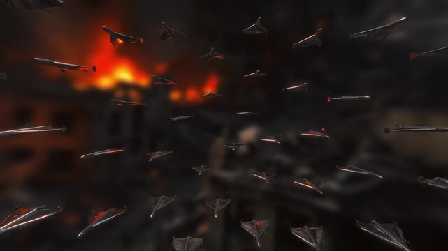 Massive fleet of military attack drones moving forward against a backdrop of burning city explosions in a dramatic wide-angle 3D animation loop