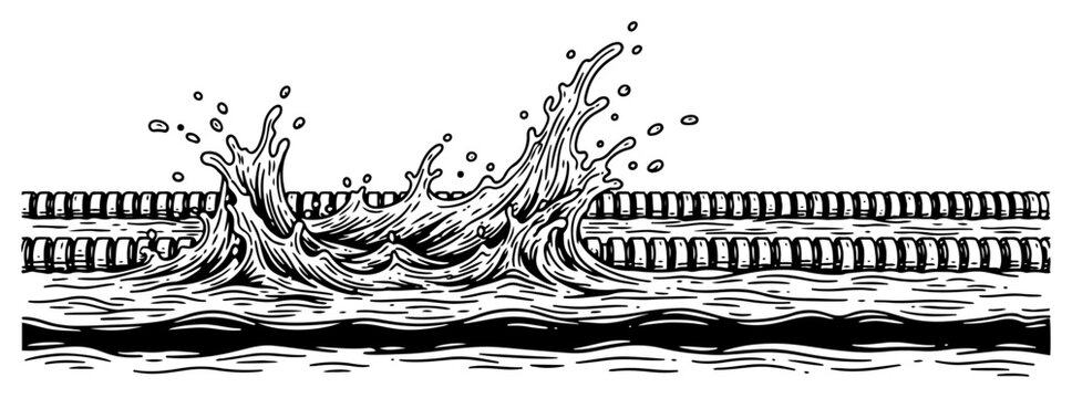 Water splash and breaking waves against barrier in vintage engraving style