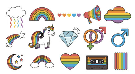 Fototapeta premium LGBTQ Pride symbols and rainbow icons hearts clouds unicorns stars megaphone cassette tape