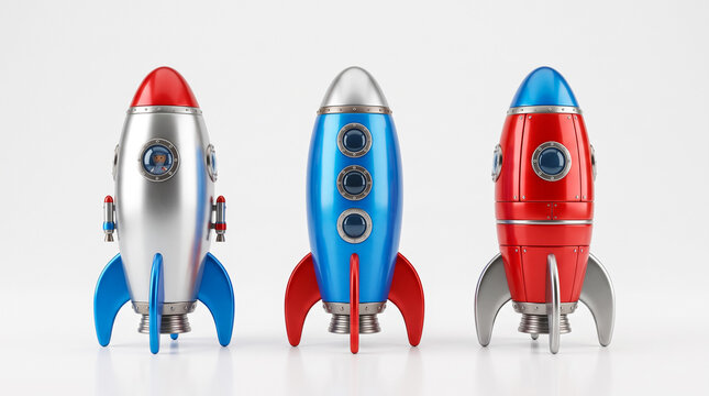 Three Colorful Toy Rockets Standing Side by Side on White Background Futuristic Style