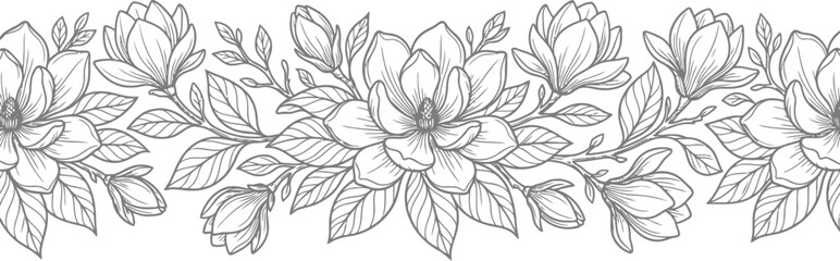 Vintage magnolia flower border vector, hand drawn floral line art, elegant botanical sketch for wedding invitations © @ahmedmaynul