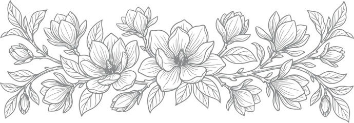 Vintage magnolia flower border vector, hand drawn floral line art garland, elegant botanical sketch for wedding decor © @ahmedmaynul