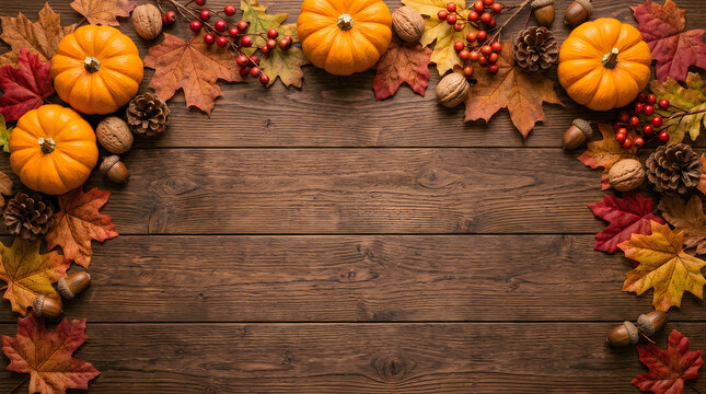 Small orange pumpkins with colorful autumn leaves and berries on a rustic dark wooden table background