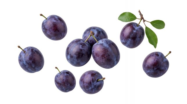 Fresh ripe purple plums isolated on white background. Organic damson fruit with green leaves for healthy diet and snack.