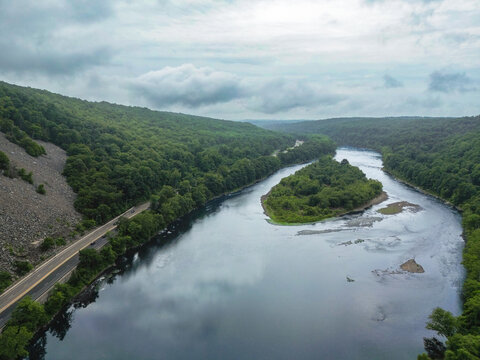 Aerial view of Delaware Water Gap recreational area with river, mountains and interstate