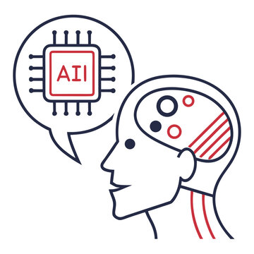 Artificial Intelligence concept illustration with human profile and AI chip in speech bubble