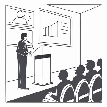 Business presenter delivering speech to engaged audience in modern conference room with projection screen