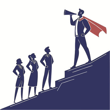 Business leader motivating team on podium with megaphone in corporate leadership presentation