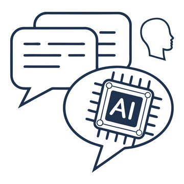 Artificial Intelligence chatbot icon with speech bubbles and microchip in flat design style