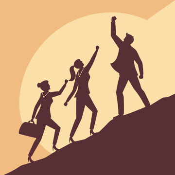 Business professionals celebrating team success climbing career mountain in motivational silhouette