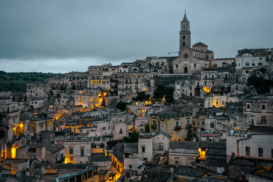 Beautiful night view of Matera Italy with historic ancient architecture 