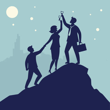 Business team celebrating success with champagne on mountain peak under full moon night sky