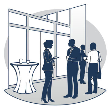 Professional networking event with businesspeople interacting at modern venue in minimalist silhouette style