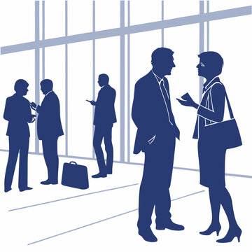 Business professionals networking in modern office with natural light and minimalist design