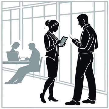 Business Professionals Standing and Discussing in Office Silhouette Illustration