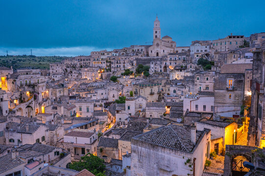 Beautiful night view of Matera Italy with historic ancient architecture 