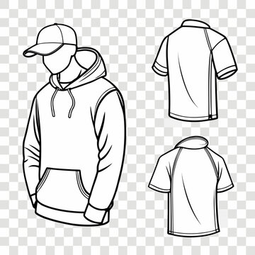 Blank Hoodie and T-Shirt Clothing Mockup Outline Vector Set