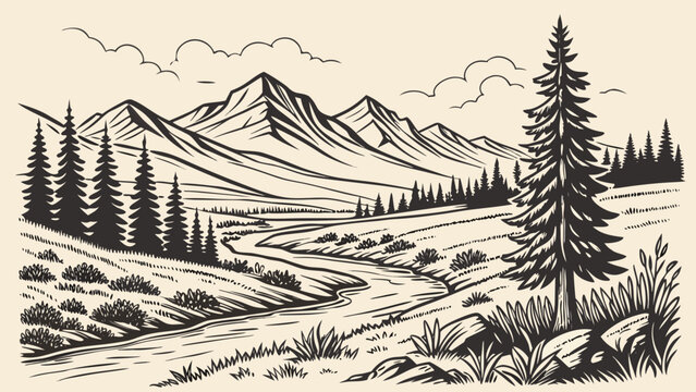 Hand Drawn Mountain Landscape with River Nature Line Art Illustration